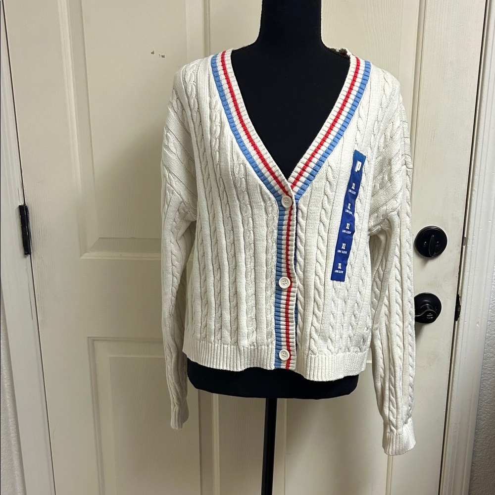 Prince Women's Cable Knit Cardigan Sweater - Cream with Blue/Red, NWT